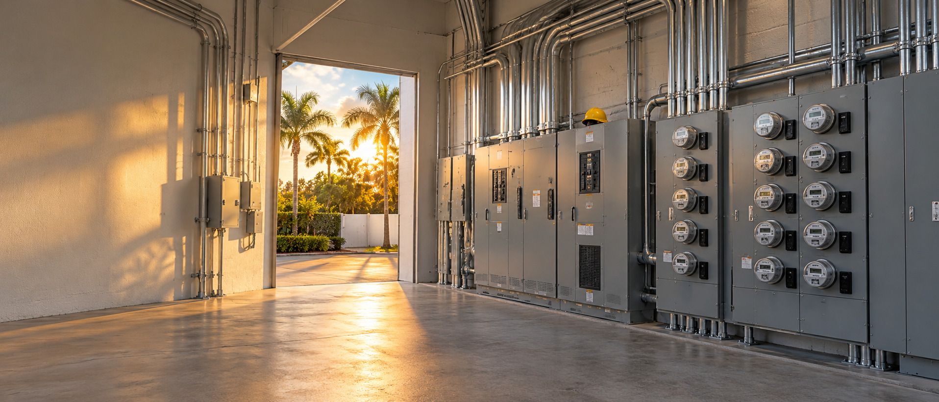 Commercial electrical room with meter centers and switchgear