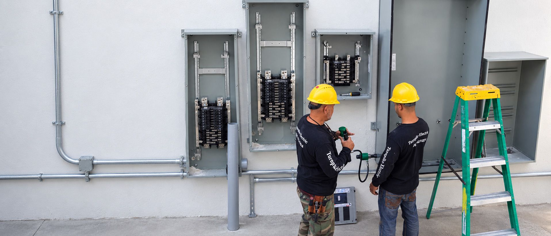 Two Turnpike Electric electricians in hard hats at commercial panels